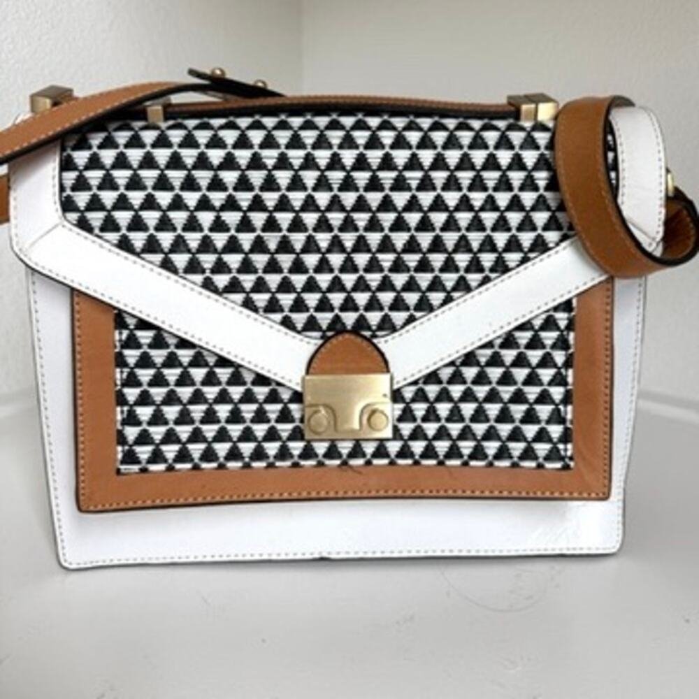 LOEFFLER RANDALL Woven Leather Crossbody‎ Satchel Black White Tan Designer